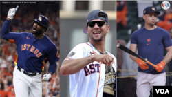 Tres peloteros cubanos del equipo campeón de los Astros de Houston, de izquierda a derecha: Yordan Álvarez, Yuli Gurriel y Aledmys Díaz. (Reuters).