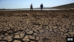 Tierra agrietada del fondo de la presa "Sábanas Blancas", que se encuentra por debajo del mínimo de su capacidad de embalse en la provincia de Ciego de Ávila (Cuba).