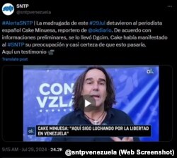 Post en X del SNTP sobre la detención de Minuesa. (@sntpvenezuela)