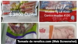 Un paquete de salchichas cuesta 3.800 pesos y los paquetes de pollo sobrepasan los cuatro mil pesos, según anuncia el portal de ventas revolico.com el 14 de agosto de 2024.