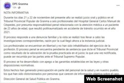 Nota informativa de la Dirección General de Salud Pública de Granma.