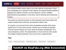 Captura de pantalla del artículo en TeleSUR venezolano que repite la propaganda rusa acerca de las partes de las regiones ucranianas ocupadas.