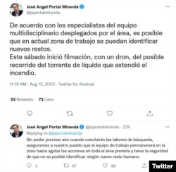 Tuits del ministro de Salud sobre la investigación en la zona del siniestro. (Twitter/@japortalmiranda)