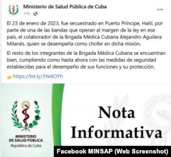 Nota informativa publicada por el MINSAP sobre el secuestro del colaborador cubano en Haití.