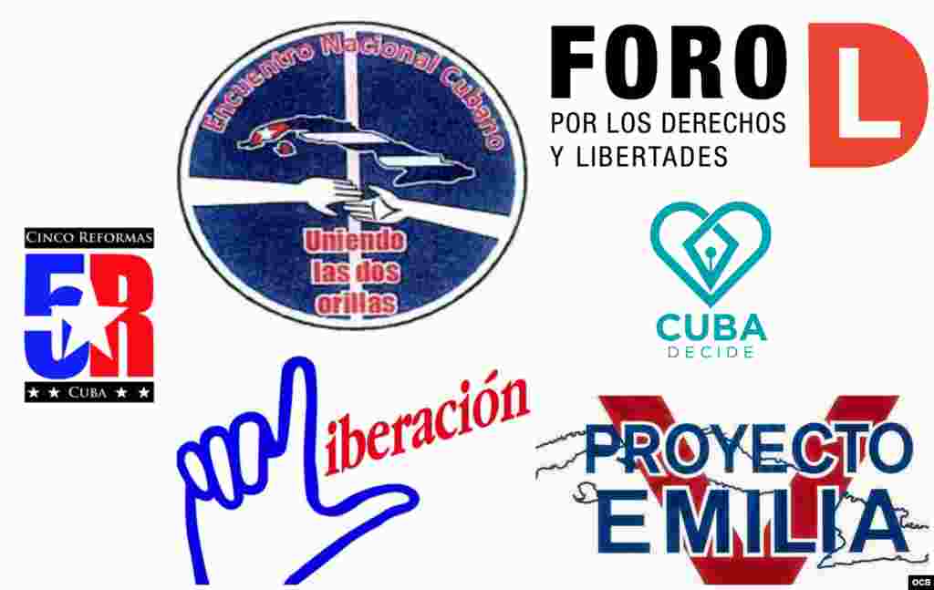 Logos del Foro por los Derechos y Libertades (FDyL), El Primer encuentro nacional cubano &ldquo;Uniendo Las Dos Orillas&rdquo;, Espacio Abierto, Hora Ciudadana, Proyecto Varela, Cuba decide y Proyecto &quot;Emilia&quot;.