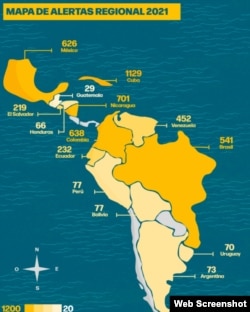 Mapa regional de alertas sobre violaciones a la libertad de expresión y prensa. (Red Voces del Sur)