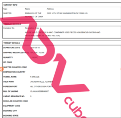 Guía de carga de mercancías de funcionarios del régimen en EEUU.