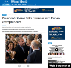 The Miami Herald encabeza la nota con esta foto de Jorge Pérez conversando con Obama en La Habana.