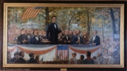 Pintura de uno de los debates de Abraham Lincoln con Stephen Douglas, 18 de septiembre de 1858.