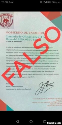 Documento falso que circuló entre migrantes cubanos.