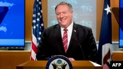 Secretario de Estado Mike Pompeo en la conferencia de prensa del 29 de abril del 2020.