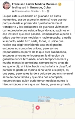 Un post en Facebook describe la indignación de los residentes de Guanabo.