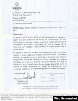 Carta del director del Grupo Empresarial de Diseño e Ingeniería de la Construcción sobre indicaciones para celebrar fin de año.