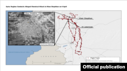 Radares y sistemas de vigilancia estadounidenses detectaron un avión sirio que dejaba caer bombas cerca de un hospital en el área de Jan Sheijun, provincia de Idlib, dijeron funcionarios de la administración Trump (Mapa DOD)