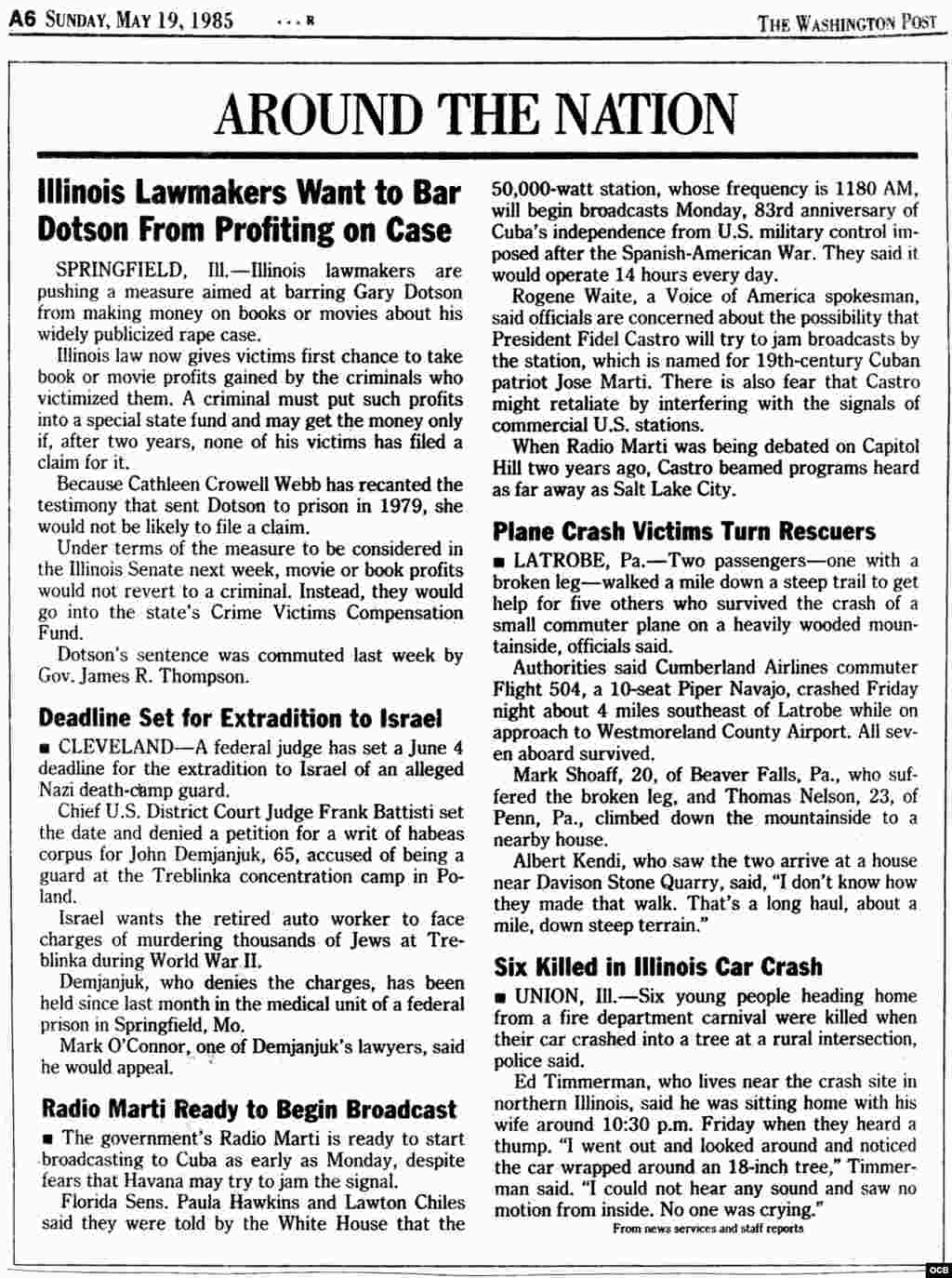 Radio Martí lista para comenzar a transmitir. The Washington Post. Mayo 19, 1985