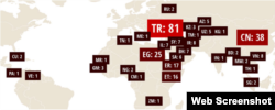 Mapa del censo anual sobre reporteros encarcelados en el mundo. CPJ.