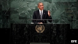 El presidente estadounidense, Barack Obama, pronuncia su discurso durante el debate del 71 periodo de sesiones de la Asamblea General de Naciones Unidas, en la sede del a ONU en Nueva York, Estados Unidos, hoy, 20 de septiembre de 2016. EFE/JASON SZENES.