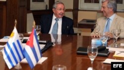 Fotografía cedida por la Presidencia de Uruguay. Raúl Castro (i), y el nuevo mandatario de Uruguay, Tabaré Vázquez (d). 2 de marzo de 2015.