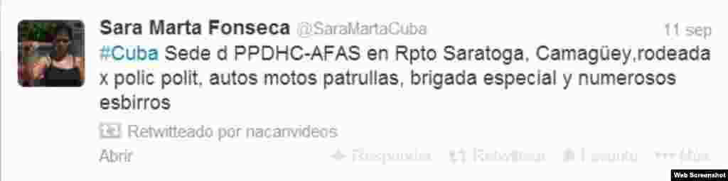 Una Dama de Blanco residente en la capital da a conocer en su cuenta de twitter informaciones que ha recibido de otras regiones.