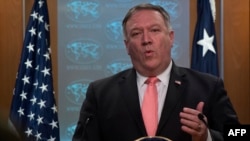 Mike Pompeo en conferencia de prensa en Washington. 