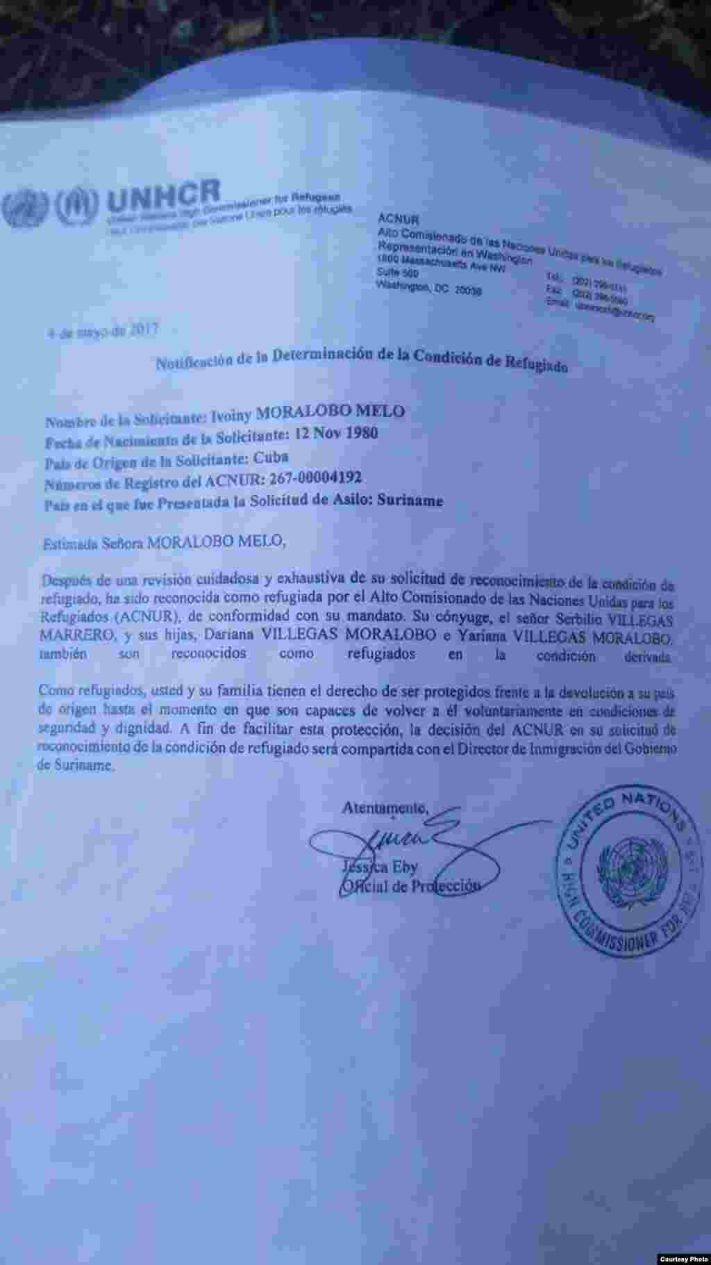 Notificación de la Determinación de la Condición de Refugiado, conferida a Ivoyni Moralobo Melo.