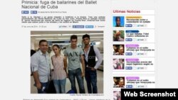 Imagen de la página web de AmericaTeve donde se muestra a los bailarines cubanos llegando a Miami.