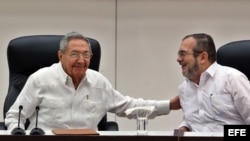 El líder de las FARC, Rodrigo Londoño Echeverri, alias "Timochenko" habla con Raúl Castro (i), en La Habana (Cuba).