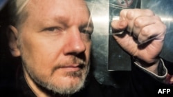  188/5000 El fundador de WikiLeaks, Julian Assange, gesticula desde la ventana de una furgoneta de la prisión cuando es conducido a Southwark Crown Court en Londres el 1 de mayo de 2019, antes de ser condenado a 50 semanas de prisión