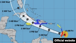 Mapa de pronóstico del Centro Nacional de Huracanes de EEUU muestra la posible trayectoria de Elsa.