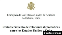 Nota de la Embajada de EEUU en Cuba sobre el establecimiento de relaciones diplomáticas.