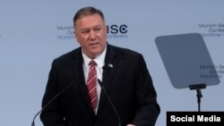 Mike Pompeo durante el discurso en la Conferencia de Múnich, el 15 de febrero de 2020.